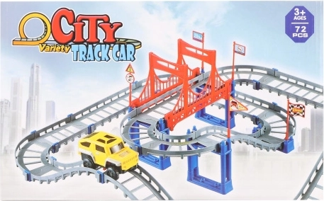 Plastic folding race track with bridge and battery-powered car