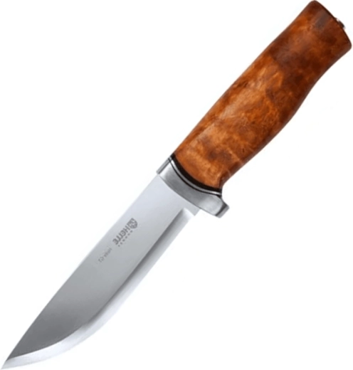 Helle GT hunting knife with wooden handle and leather sheath