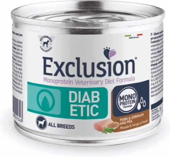 Exclusion Diabetic natvoer voor honden van alle rassen, varkensvlees met sorghum en erwten 200 g