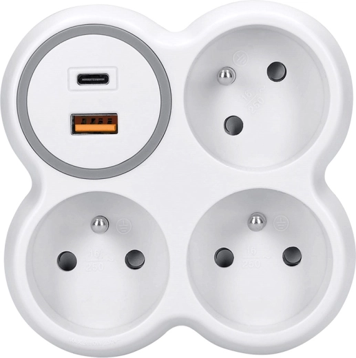 Solight stekkerdoosadapter voor stopcontact 3× 16 A met USB-A en USB-C snelladen PD 20 W wit-grijs