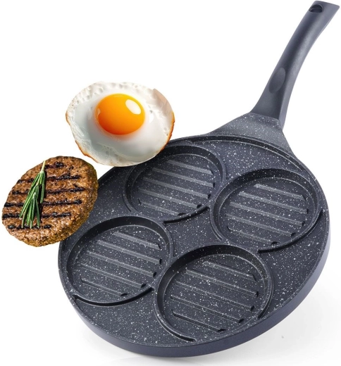 Poêle gril pour burgers et œufs avec revêtement antiadhésif en granite, 4 moules, 26,5 cm