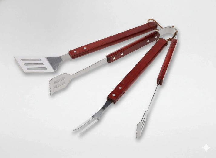 Set of 3 barbecue tools with wooden handles – spatula, tongs and fork