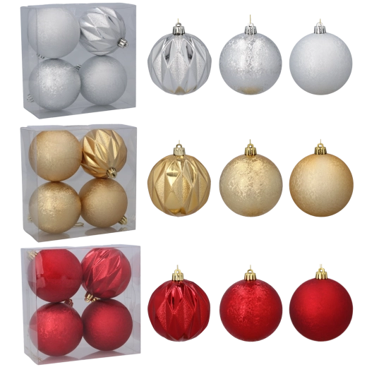 Set van kerstballen 8 cm – rode, gouden en zilveren kunststof ornamenten met verschillende patronen (4 stuks)