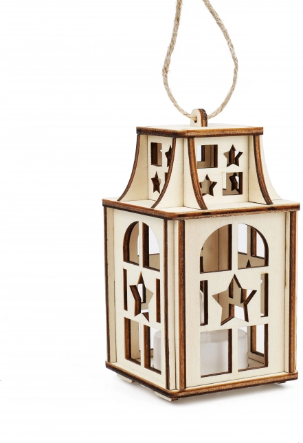 Wooden Lantern with Star Cutouts and LED Candle