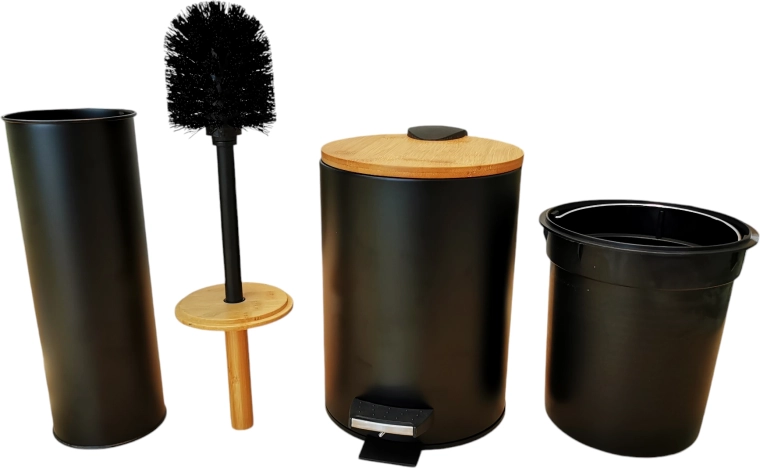 Badezimmer-Set mit Bambusdeckel – Mülleimer 3 l und WC-Bürste, Schwarz matt, Soft Close