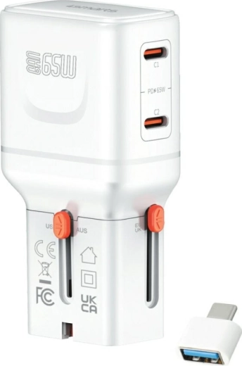 4smarts World Travel Adapter Nomad Pocket GaN 65 W Travel Charger, USB‑C + USB‑A, White