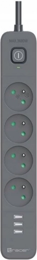 Surge Protection TRACER Power Line+ mobile ready 1.5 m (4 sockets + 3x USB A, 5V 2.4A)