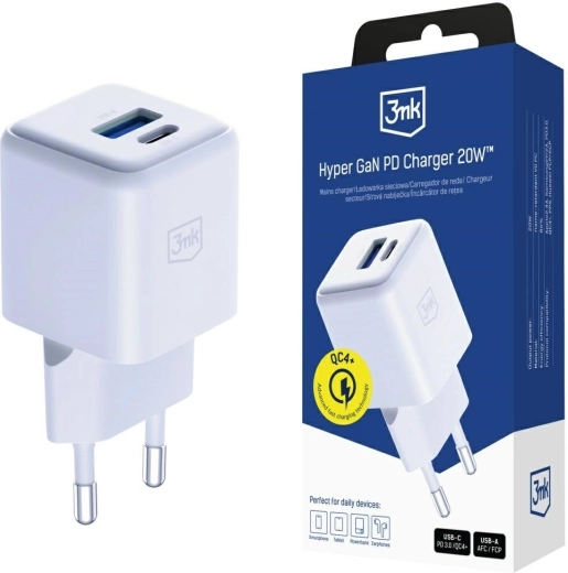 3mk Hyper GaN netlader 20 W USB-A en USB-C wit