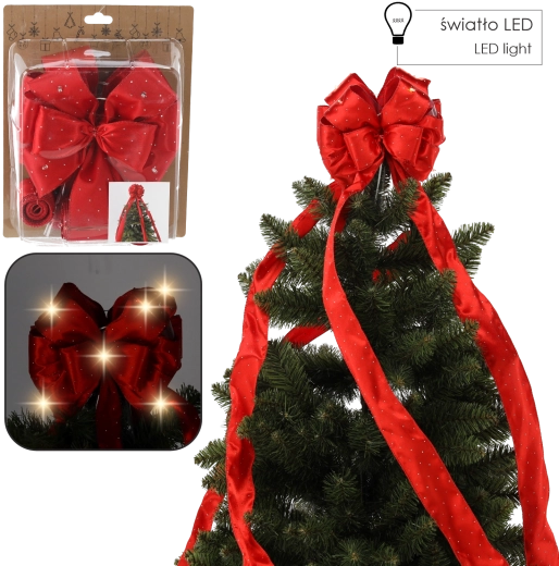 Noeud rouge en satin pour cime de sapin de Noël avec éclairage LED 1,8 m