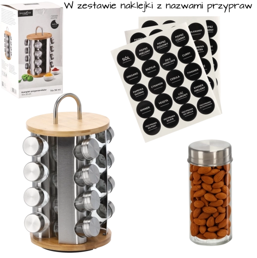 Draaibare ronde kruidenstandaard met handvat, 16 glazen potjes, bamboe‑zilver, 18 × 33 cm