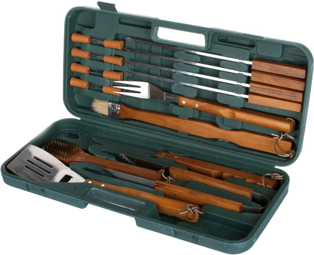 Grillbesteck-Set aus Edelstahl mit Holzgriffen, 18 Teile im Koffer
