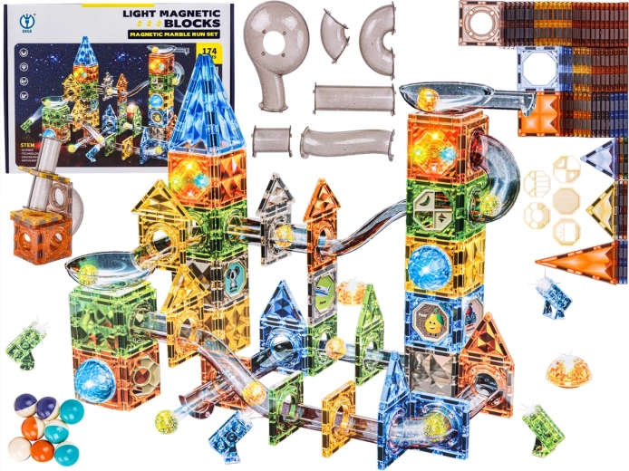 Jeu de construction magnétique avec circuit à billes et éléments lumineux – 174 pièces