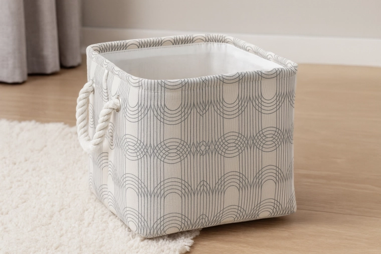 Foldable square fabric basket with rope handles, geometric pattern, 22 × 22 × 20 cm