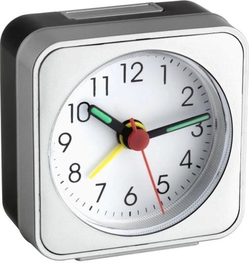 Elektronischer Wecker TFA mit lumineszierenden Zeigern, weiß‑silbern