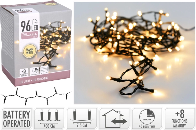 Christmas LED string lights 7 m, 96 LEDs, warm white, 8 functions, IP44