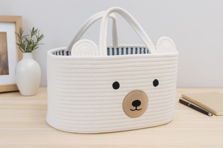 Textiele mand voor speelgoed met oortjes – witte organizer met diermotief 32 × 22 × 20 cm