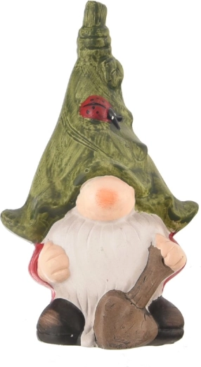 Green ceramic gnome with shovel, 18 cm