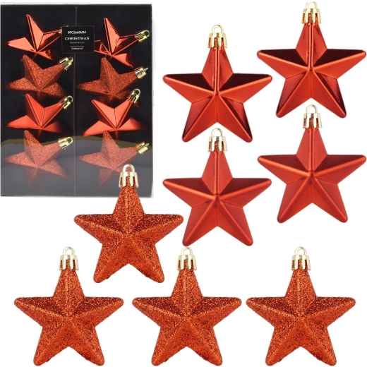 Onbreekbare kerstversieringen sterretjes rood 6,5 cm, 8 stuks