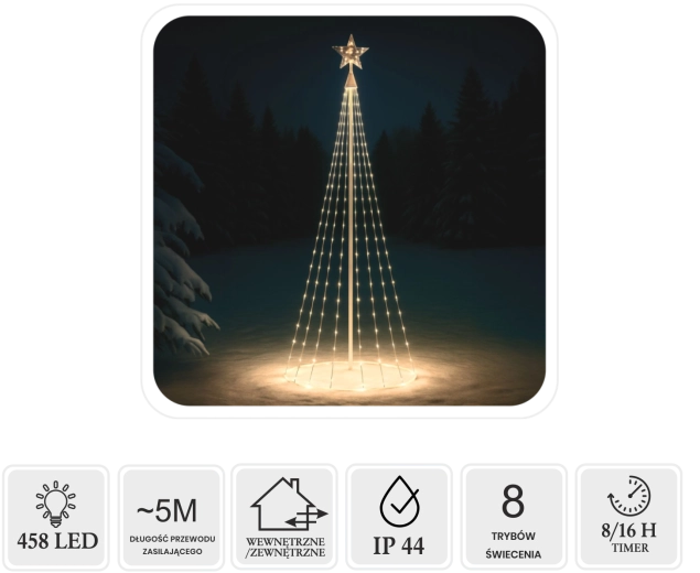 Sapin de Noël conique LED avec étoile 3 m, 458 LED, blanc chaud, intérieur/extérieur