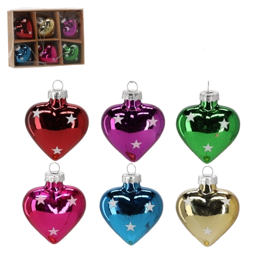 Set de décorations de Noël en verre en forme de cœur, 6 pcs