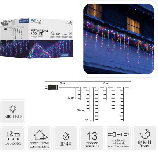 Icicle light curtain (icicles) 300 LED multicolor 3 × 12 m - 1 piece