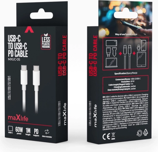 Maxlife USB‑C – USB‑C Cable 1 m, 60 W, White