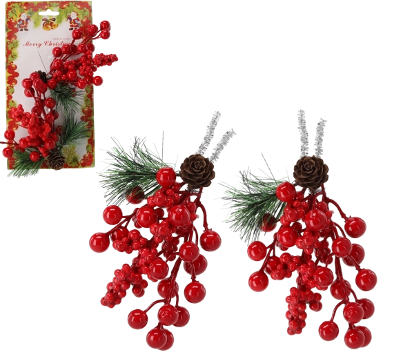 Brindilles décoratives avec sorbes et pommes de pin, lot de 2 pièces