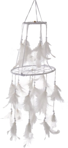 Attrape-rêves en coton à étages avec plumes, blanc, 52 cm