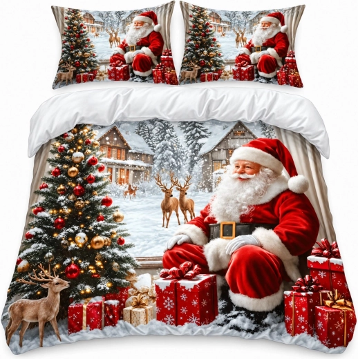 Parure de lit de Noël 3D Santa Claus et sapin de Noël 200 × 220 cm avec 2 taies d’oreiller