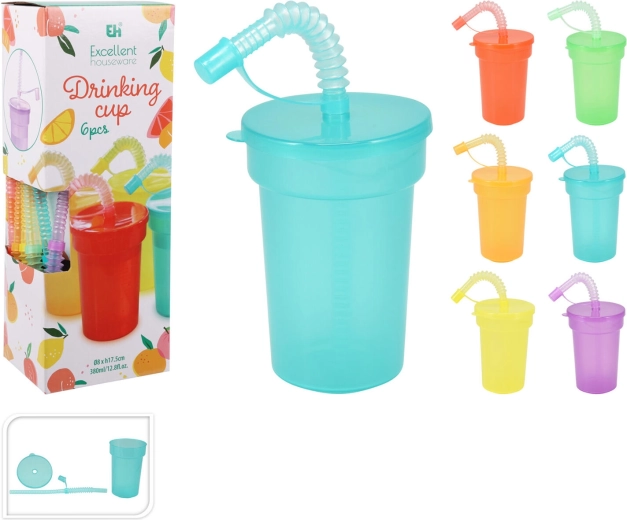 Gobelet en plastique avec couvercle et paille 380 ml, assortiment de couleurs, lot de 6