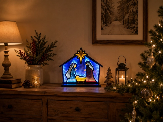 Christmas 3D decoration Nativity scene with infinity mirror effect, LED 33.5 × 8 × 28.7 cm