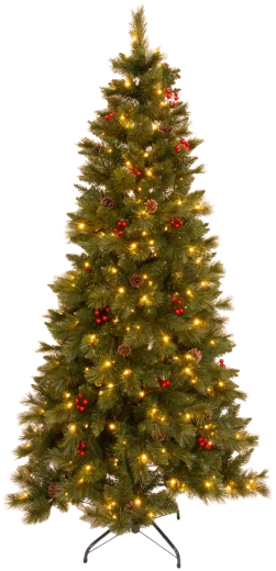Sapin de Noël artificiel 180 cm vert avec sorbier, pommes de pin et éclairage LED
