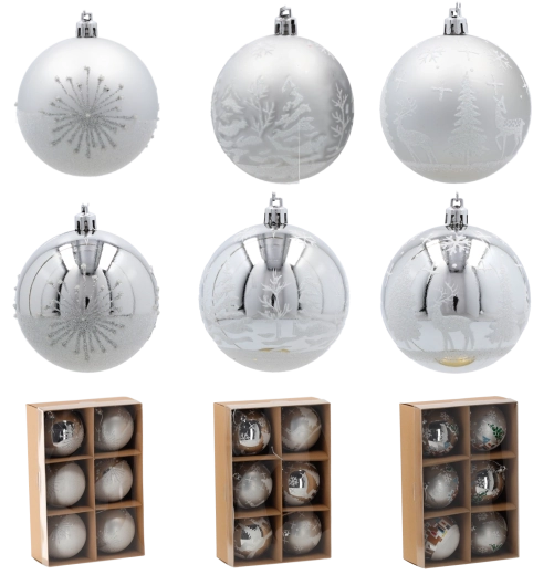 Set aus silbernen Weihnachtskugeln 8 cm – unzerbrechlicher Baumschmuck (6 Stk.)