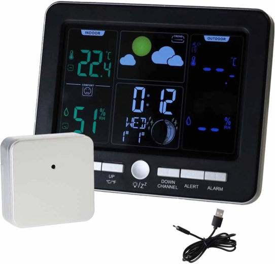Kabellose Wetterstation mit Thermometer, Hygrometer und Wecker, USB