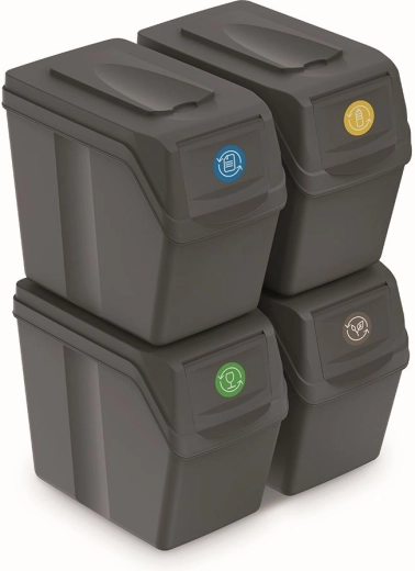 Set mit 4 Sortierbehältern Sortibox 4×20 l – Steingrau