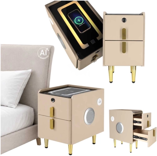 Smart bedside table with fingerprint and wireless charging, beige - 1 piece
