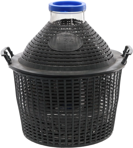 Glazen mandfles 34 l met brede hals in plastic mand