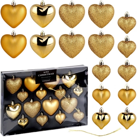 Gouden kerstornamenten hartjes, onbreekbaar, set van 16 stuks (6,5 en 4,5 cm)