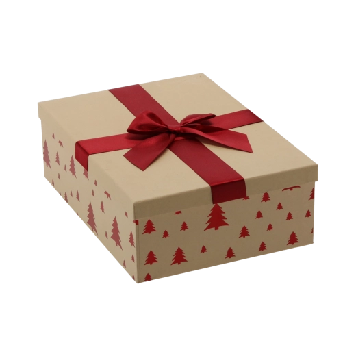 Weihnachts-Geschenkbox braun mit bordeauxfarbener Schleife 28,5 × 20 × 8,5 cm