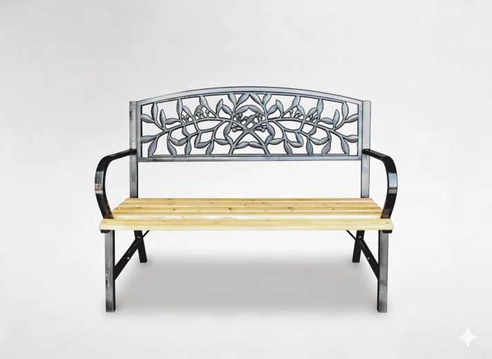 Banc de jardin 120 × 56 × 89 cm, bois et acier, décor feuillage