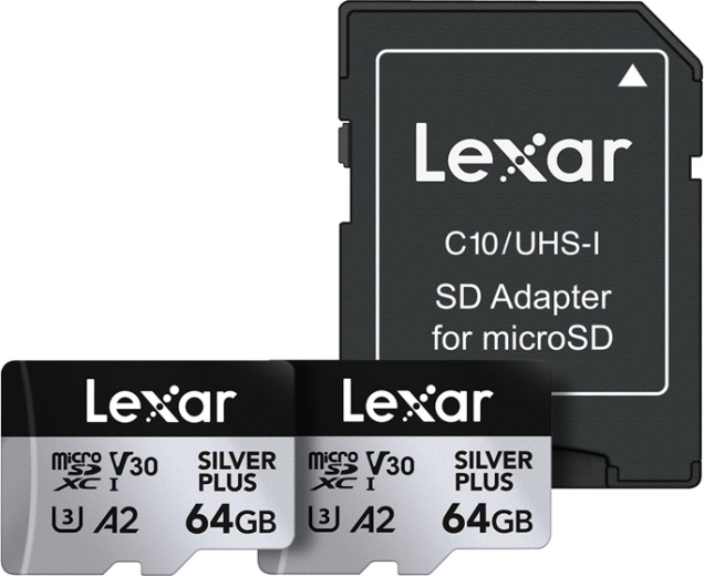 Lot de 2 cartes microSDXC LEXAR Silver Plus 64 Go avec adaptateur