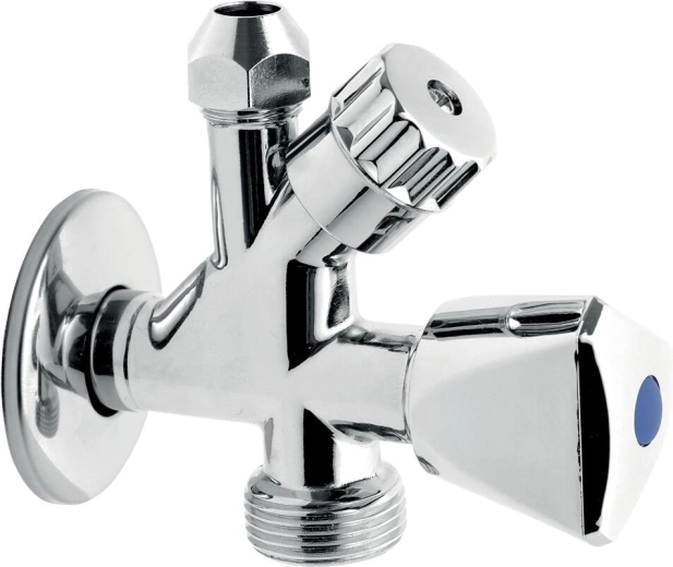 Gecombineerde hoekafsluiter voor wasmachine met terugstroomklep 3/8" x 1/2" x 3/4"