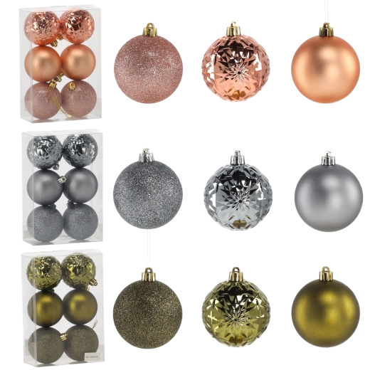 Set van kerstballen 7 cm – olijfgroen, koper en grafiet, 6 stuks