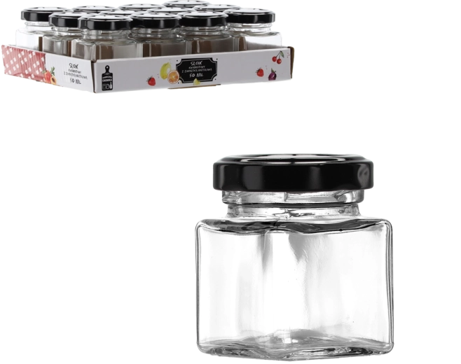 Square Glass Jar 50 ml with Black Metal Lid - 1 Piece