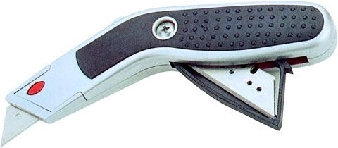 Metalen uitschuifmes met trapeziumvormig lemmet en houder voor reservemessen