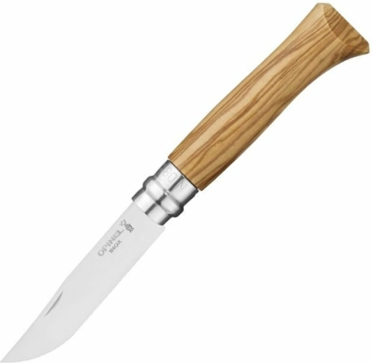 Opinel N°08 Inox zakmes 8,5 cm, olijfhout, lederen etui, houten box