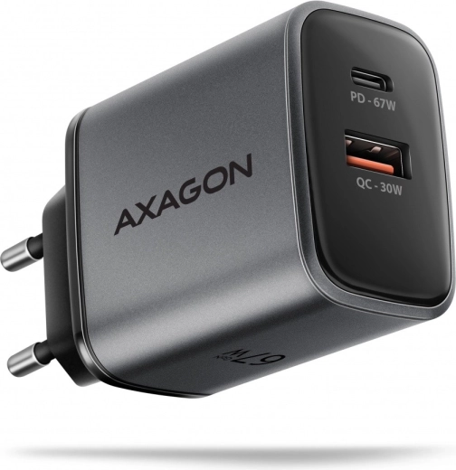 AXAGON GaN 67W Wall Charger with USB‑C Power Delivery and USB‑A Quick Charge, 2 ports