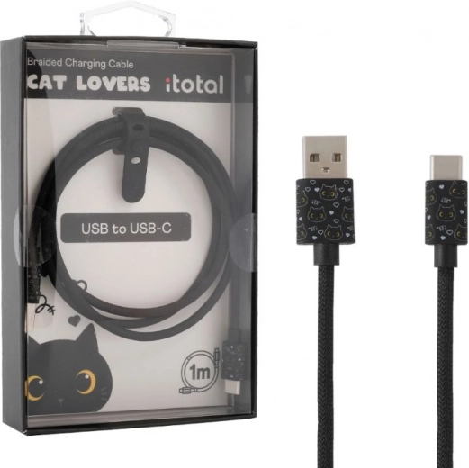 USB‑C charging cable with black cat and silicone length-adjustment strap