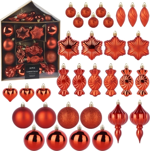 Shatterproof Christmas ornaments red 3–11.5 cm, set of 32 pcs