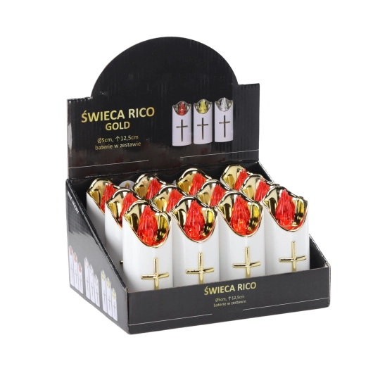 LED-kaars Rico 12,5 cm wit en goud met rode vlam